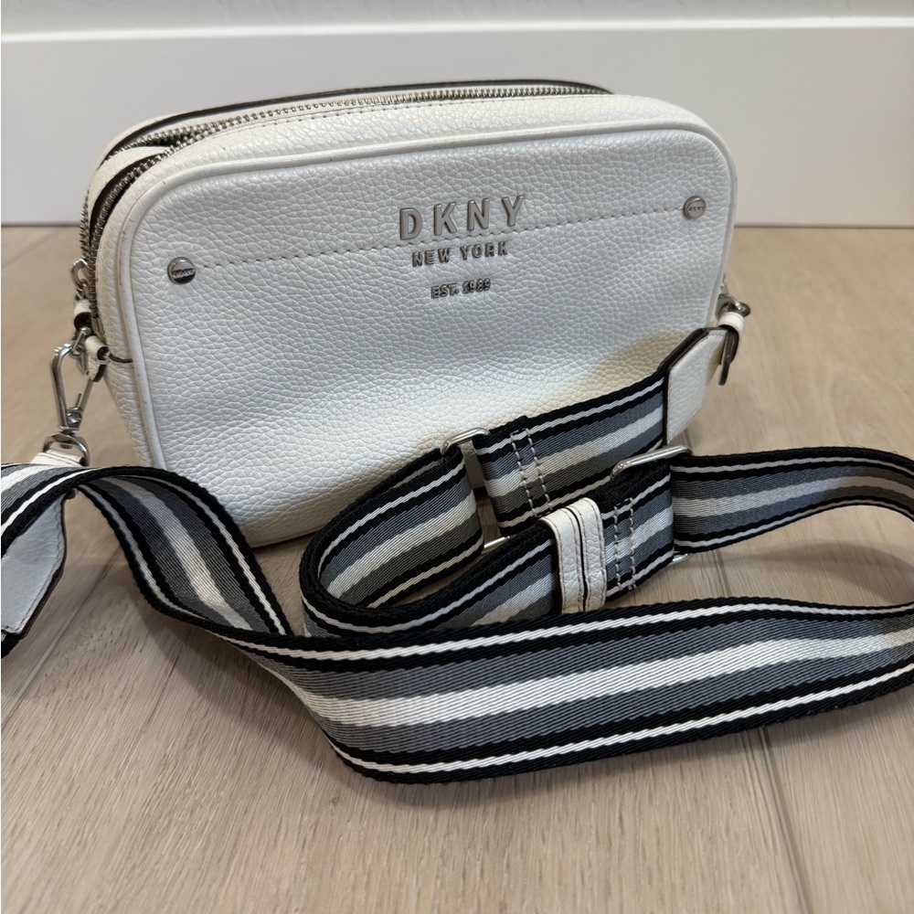 White DKNY Crossbody Bag with Striped Strap
